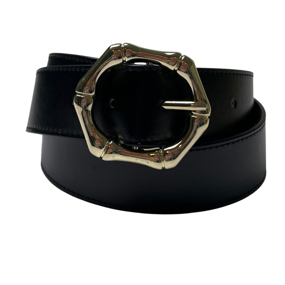 Talbots Womens Gold Bamboo Buckle Leather Belt Size Small Black Quiet Luxury